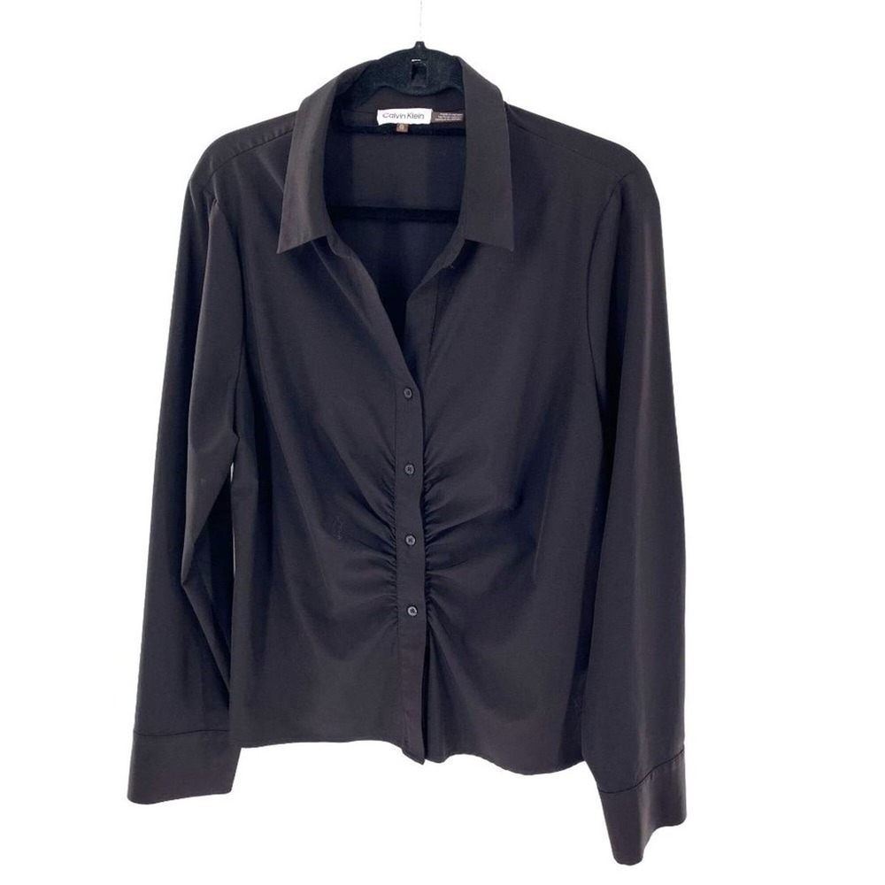CALVIN KLEIN Long Sleeved Ruched front Black Collared Shirt Sz L